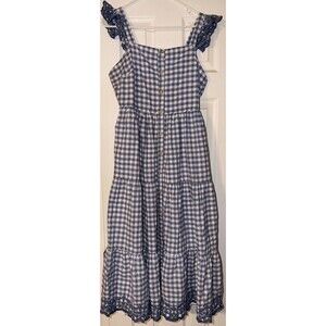 Shabby Chic Blue Gingham Midi Dress Sz 10 Tiered Cottagecore Eyelet Lace Ruffle